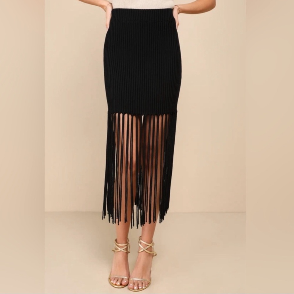 NEW! Lulu's Black Fringe Midi Skirt